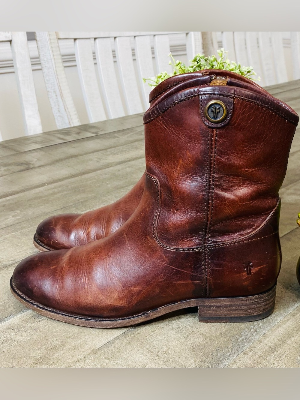 FRYE Melissa Button Short Leather Boots Cognac Brown Ankle Booties Sz 5.5 B